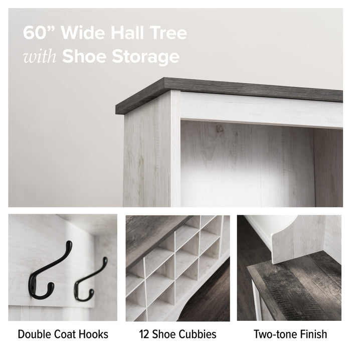 Rustic Ridge Farmhouse Entryway Storage Cabinet with Shoe Cubbies & Coat Hooks - Washed White