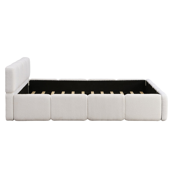 Aiden Platform Bed with Supportive Upholstered Frame in Boucle Fabric,King Size,White King Bed