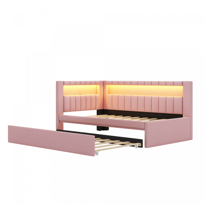 Lily Upholstered Platform Bed with LED and USB Ports,Pink Twin Bed