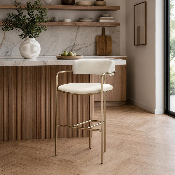Serene Mid-Century Modern Metal Upholstered Counter Stool in Alabaster