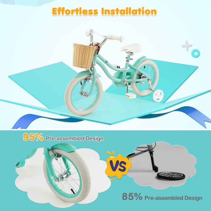 Prorider 14\" Kid's Bike With Training Wheels Adjustable Handlebar Seat Handbrake Green