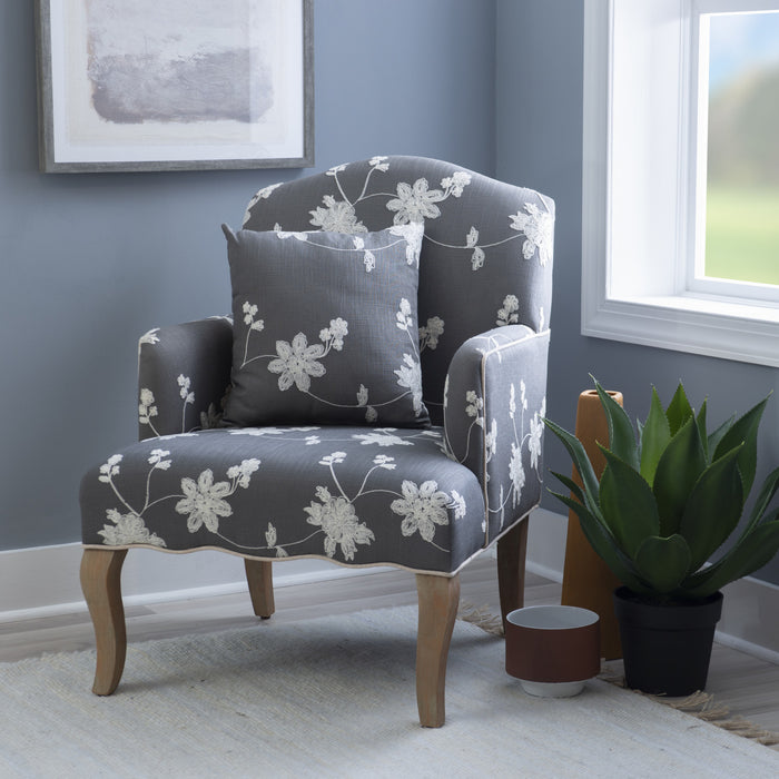 Kenna Embroidered Linen-Look Fabric Floral  Accent Chair - Grey