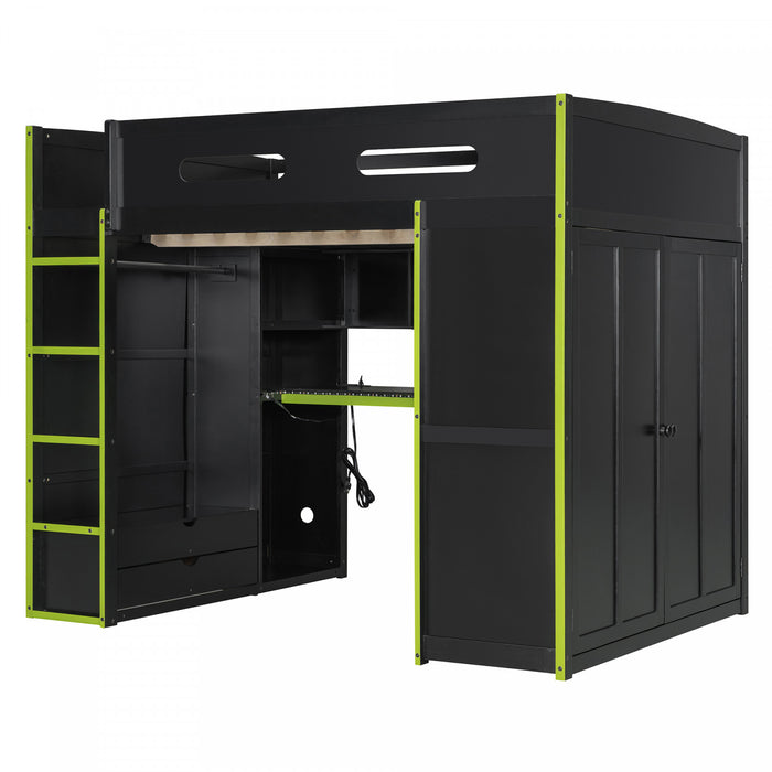 Jerry Wood Loft Bed with Desk and Storage,Full Size,Green Full Bed