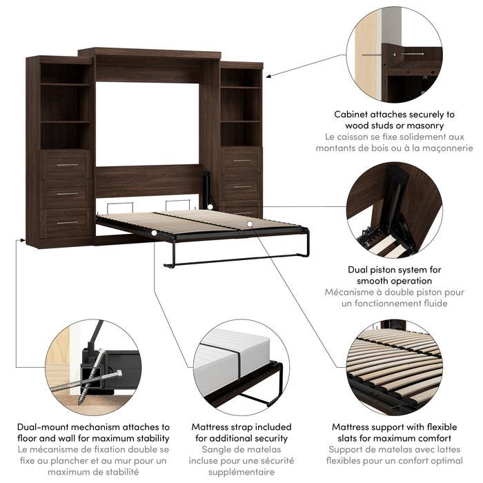 Bestar Pur 115\" Queen Murphy Bed and 2 Shelving Units with Drawers - Black Walnut
