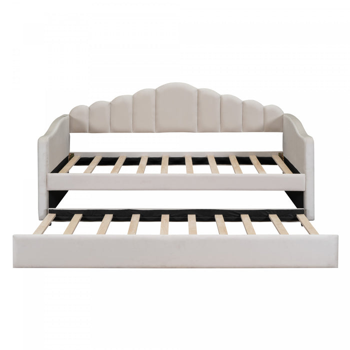 Lily Upholstered Daybed with Trundle and USB Charging Ports,Twin Size,Beige Twin Bed