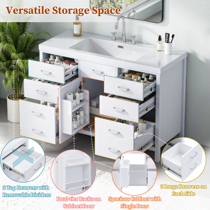 Resina 48 Inch Single Sink Bathroom Vanity with Resin Sink and 6 Drawers, White