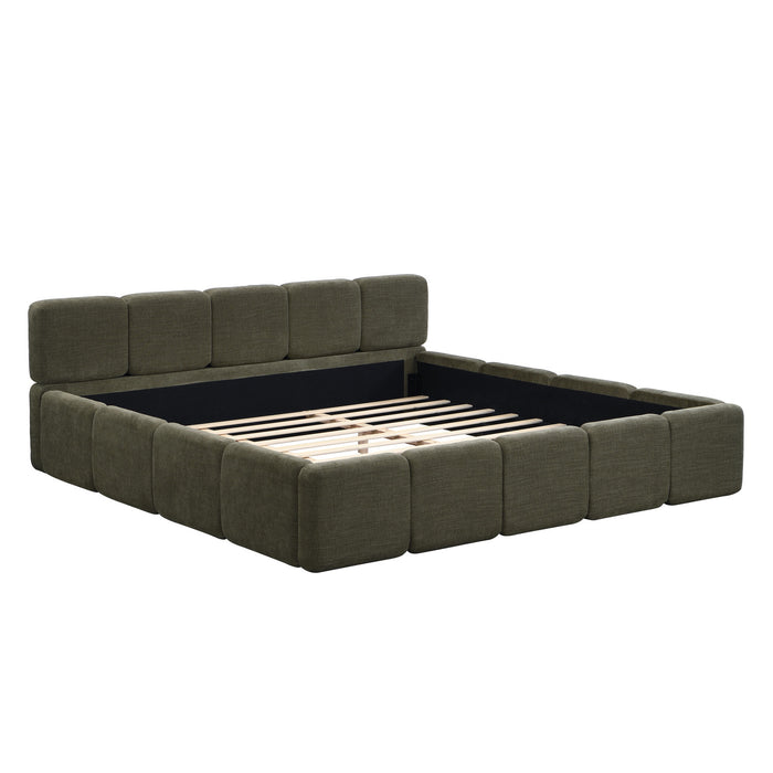 Toby Linen Upholstered Platform Bed with Thickened Headboard and Footboard,King Size,Green King Bed