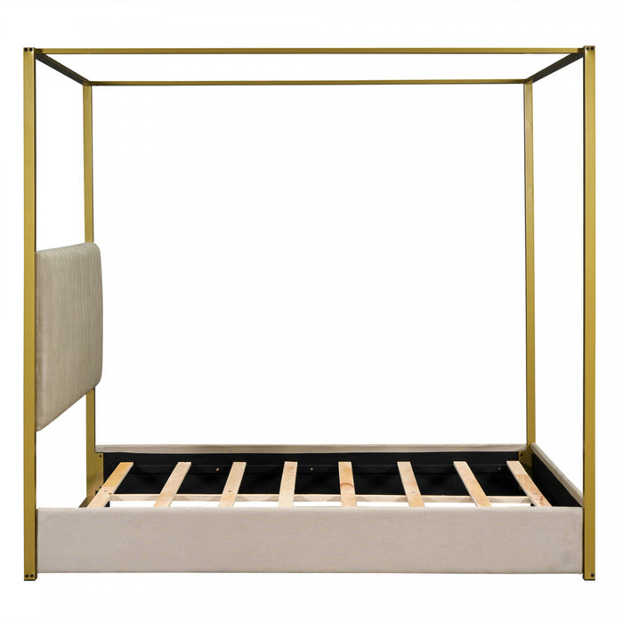 Sophia Upholstery Canopy Platform Bed with Foam Headboard and Velvet,Queen Size,Beige Queen Bed