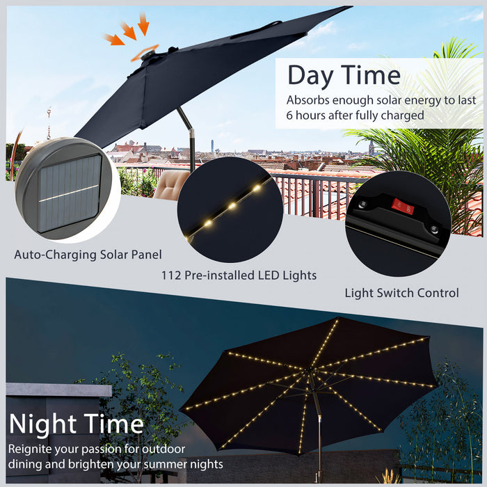 Costway 10 FT 112 LED Solar-Lighted Patio Table Market Umbrella Crank Tilt Outdoor Navy