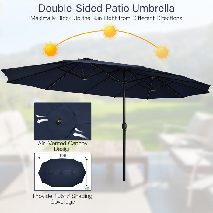 Costway 15FT Double-Sided Twin Patio Umbrella Sun Shade Outdoor Crank Market Base Navy
