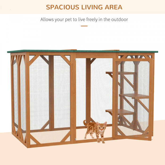 Pawhut Cat Cage Indoor Catio Outdoor Cat Enclosure Pet House Small Animal Hutch For Rabbit, Kitten, Crate Kennel With Waterproof Roof, Multi-level Platforms, Lock, Orange