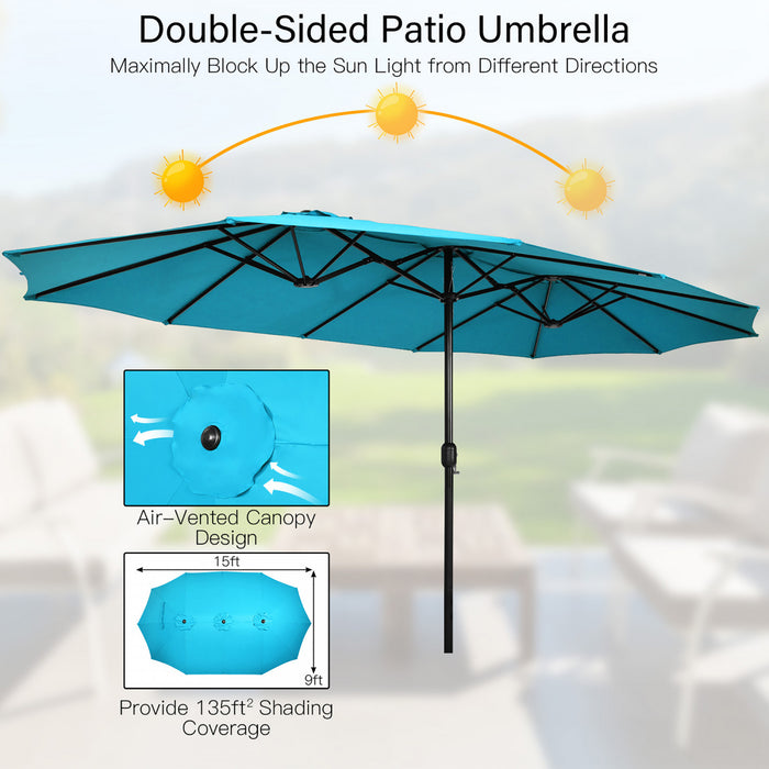 Costway 15FT Double-Sided Twin Patio Umbrella Outdoor Market W/ Crank & Base Turquoise