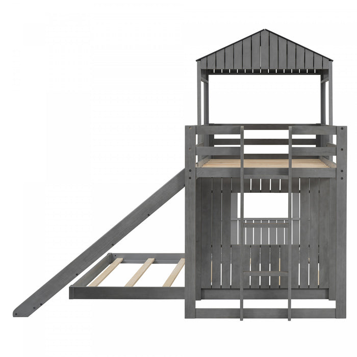 Marico Twin Over Solid Wood Full Bunk Bed With Slide, Playhouse Design, Antique Grey