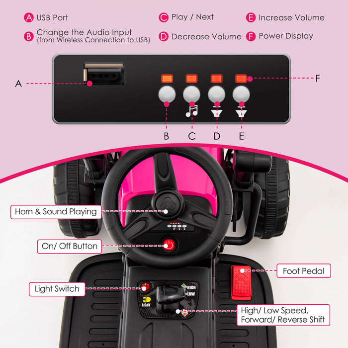 Costway Kids Ride On Road Roller 12v Electric Tractor Remote W/ Music & Led Light Pink