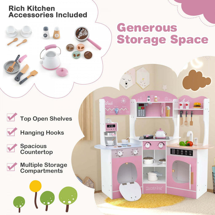 Honeyjoy Corner Kitchen Playset With Coffee Machine Oven Microwave Washing Machine Pink