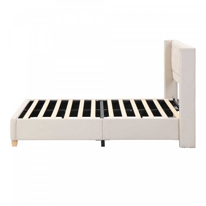 Haley Linen Upholstered Platform Bed with Classic Wingback Headboard and Diamond Tufted Upholstery,Full Size,Beige Full Bed