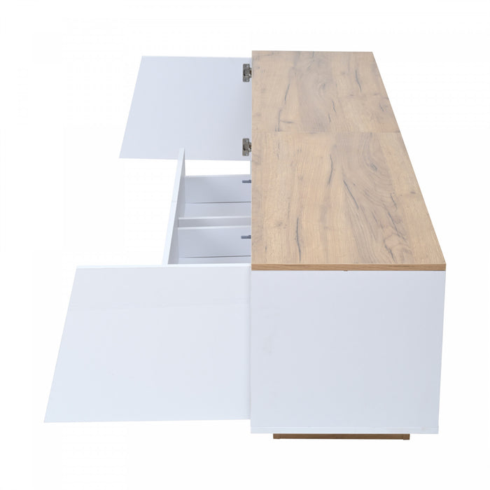 Lumina 64.9 Inch TV Cabinet with LED Lights and High-Gloss Finish, White/Wood