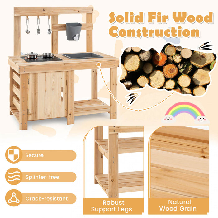 Costway 3-piece Outdoor Wooden Kitchen Playset Kids Mud Kitchen Bbq Grill & Pizza Oven