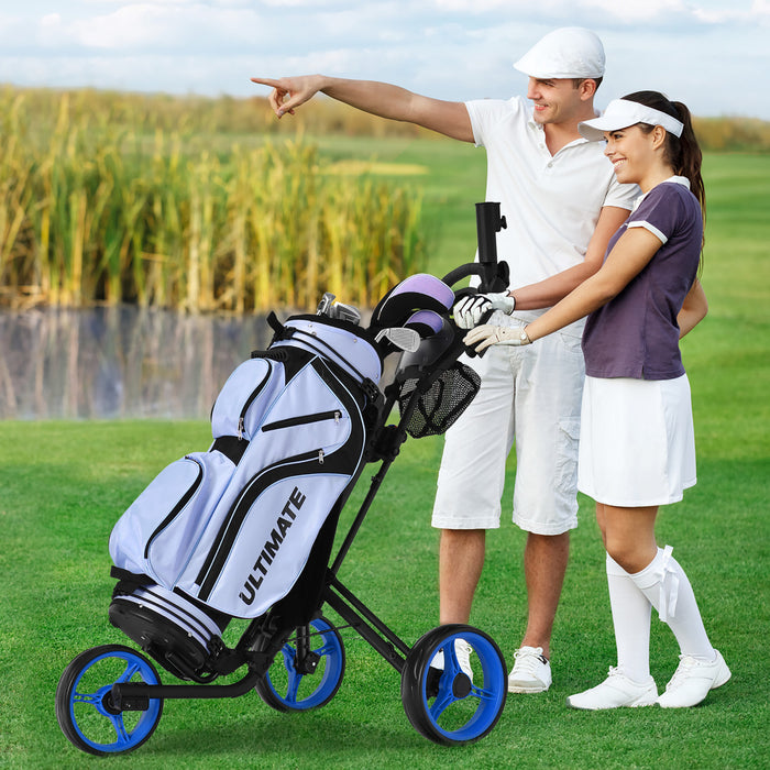 Goplus Folding 3 Wheels Golf Push Cart W/brake Scoreboard Adjustable Handle Blue