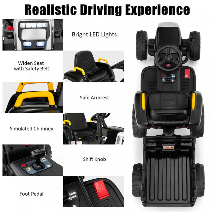 Costway 12v Kids Ride On Tractor With Trailer Ground Loader W/ Rc & Lights Dark Black