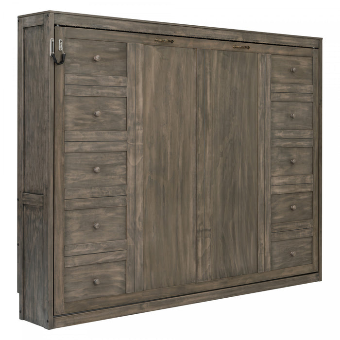 Olivia Solid Wood Murphy Bed with LED Light and Foldable Cabinet,Full Size,Brown Full Bed