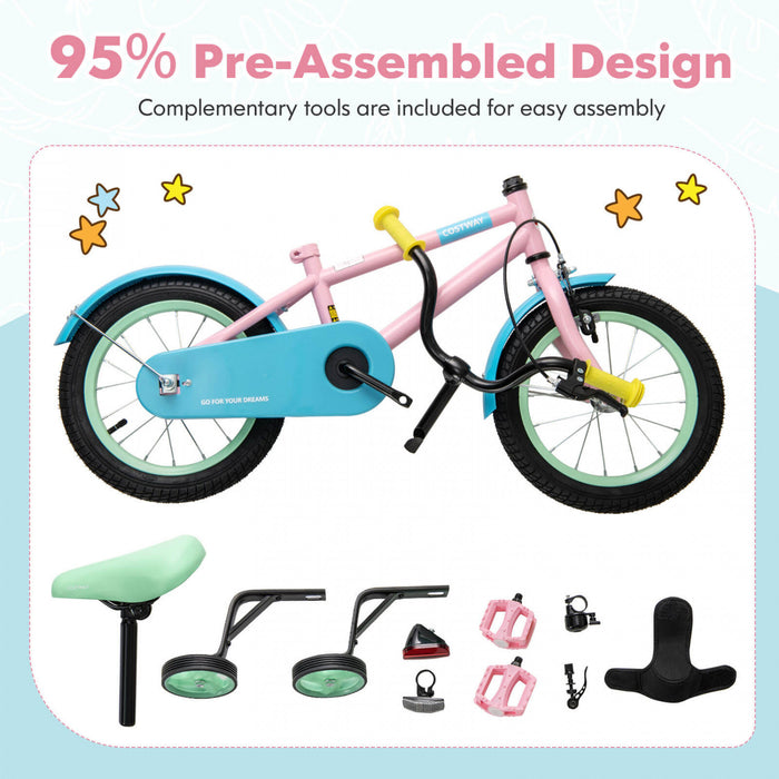 Costway 16\" Kids Bike With Adjustable Saddle Handlebar Removable Training Wheels Handbrake Pink