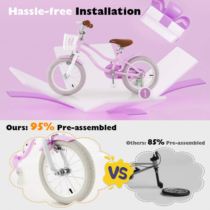 Costway 14\" Kid's Bike With Removable Training Wheels & Basket For 3-5 Years Old Purple