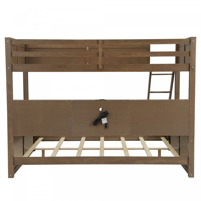 Liam Solid Wood Twin XL Over Queen Bunk Bed with Storage & USB Ports, Brown