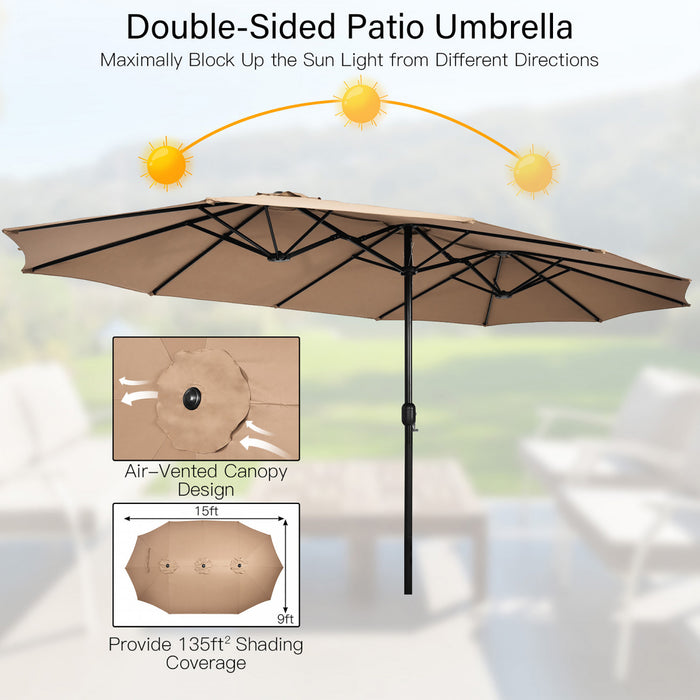 Costway 15 Ft Patio Double Sided Umbrella Outdoor Market Umbrella Tan