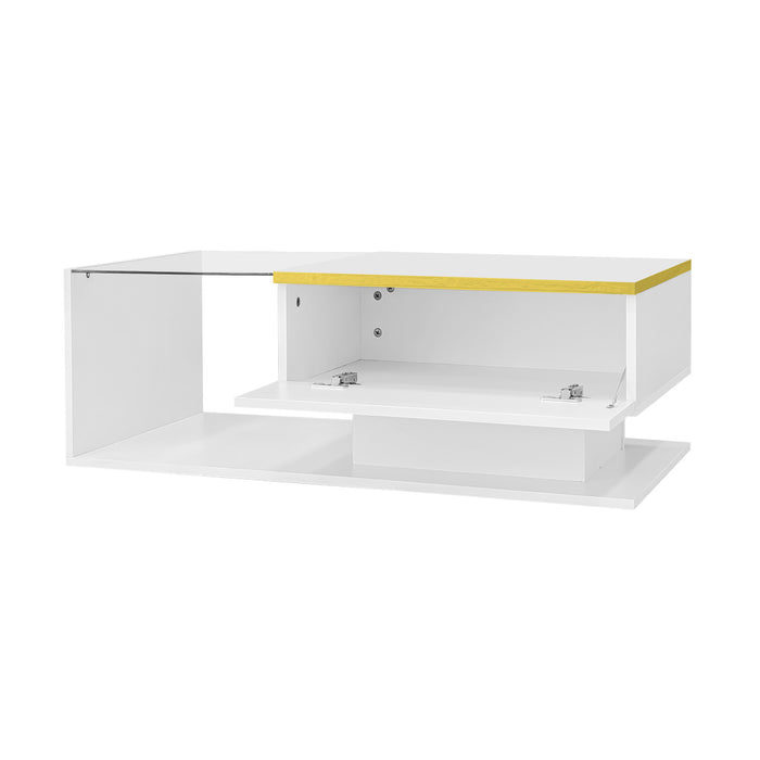 Ethan High-Gloss 35.4\" Long Coffee Table with Glass and LED Effect,White