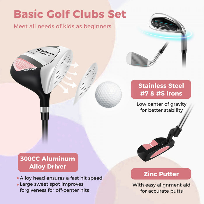 Ultimate Kids Golf Practice Set Junior Complete Golf Club Set For Kids Age 8-10 Years Old Pink
