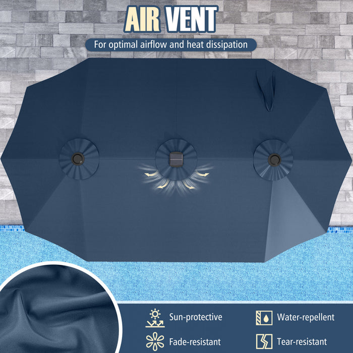 Costway 15.5 FT Extra-Large Patio Umbrella with LED Solar Lights & 12 Heavy-Duty Ribs Navy