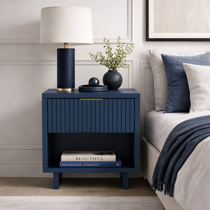 Elara Contemporary 18\" Solid Wood Nightstand in Midnight Blue (1-Drawer)