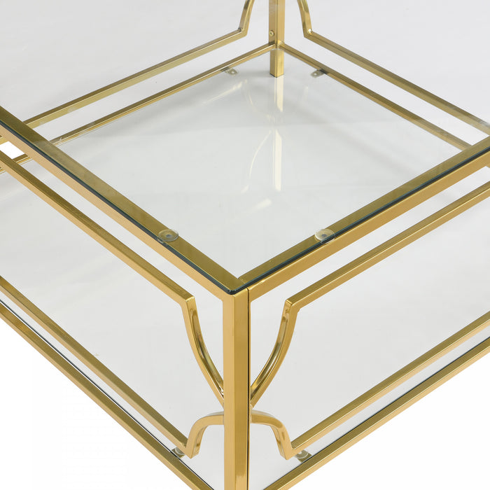 Gleam 33.5 Inch Square Tempered Glass Coffee Table with Geometric Gold Frame and Lower Shelf, Transparent