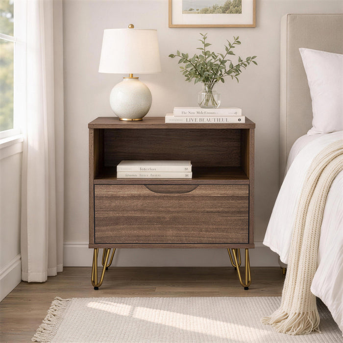 Avira Mid-Century Modern 20\" Nightstand in Brown (1-Drawer)