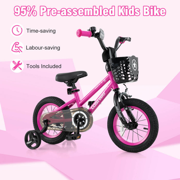 Costway 14\" Kid's Bike With Training Wheels Adjustable Handlebar & Seat Handbrake Pink