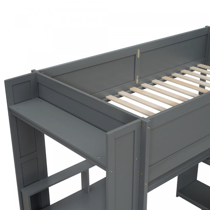 Jackson Twin Solid Wood Loft Bed With Desk, Multi-storage Shelves, Led And Charging Station, Dark Grey