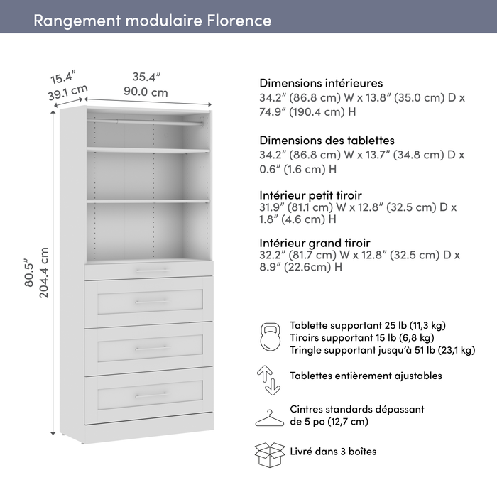 Bestar Florence 35\" Modular Reach-In /Walk-In Closet System with Storage - White