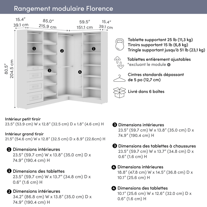 Bestar Florence 85\" Modular L-Shaped Walk-In Closet System with Rods, Shoe Shelves and Storage - White