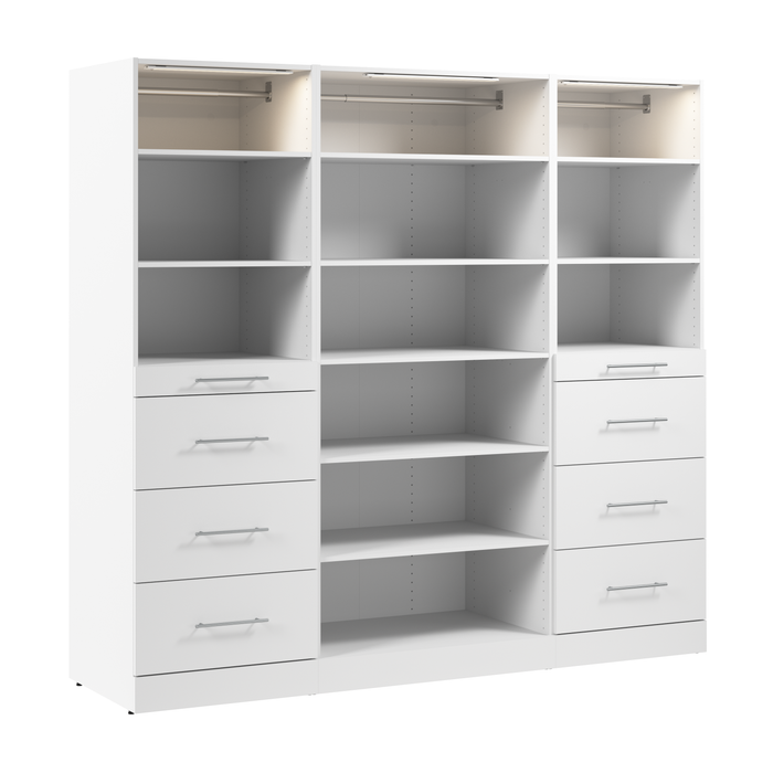 Bestar Florence 85\" Modular Reach-In/Walk-In Closet System with LED Lights and Storage - White