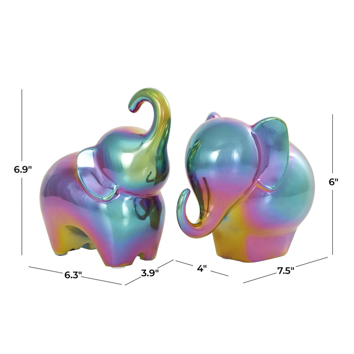 Ceramic 6\" Iridescent Elephant Sculpture - Set of 2