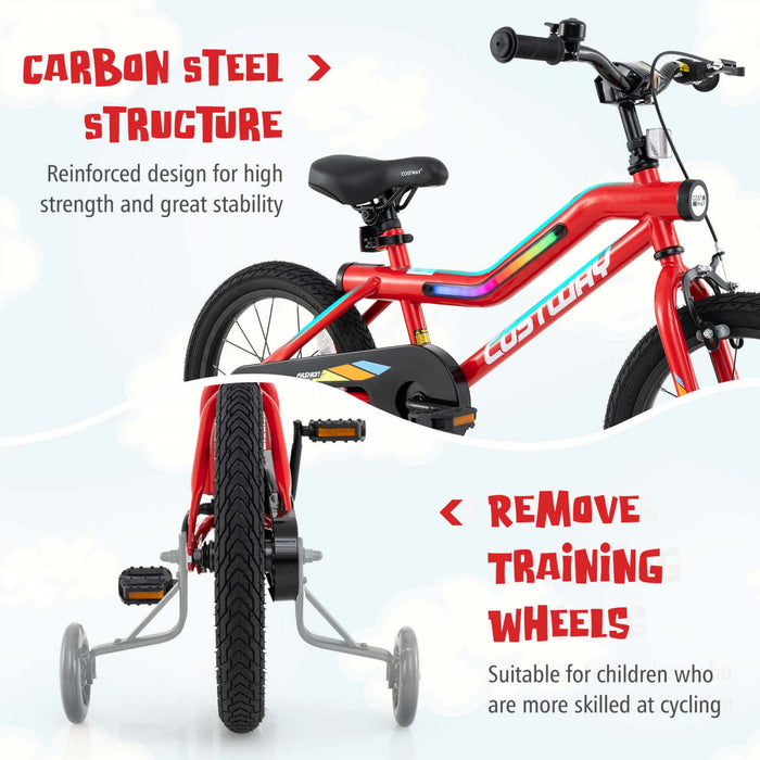 Costway 16\" Led Lighted Kids Bike With Adjustable Seat Coaster Brake Training Wheels Red