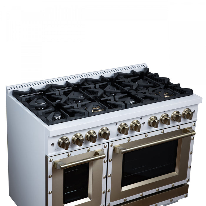 Forno Ambassador 48\" Gas Range in White, 8 Sealed Burners, 6.7 Cu.Ft. Ovens - FFSGS6299-48CPWHT