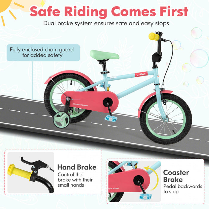 Costway 14\" Kids Bike With Adjustable Saddle Handlebar Removable Training Wheels Handbrake Red
