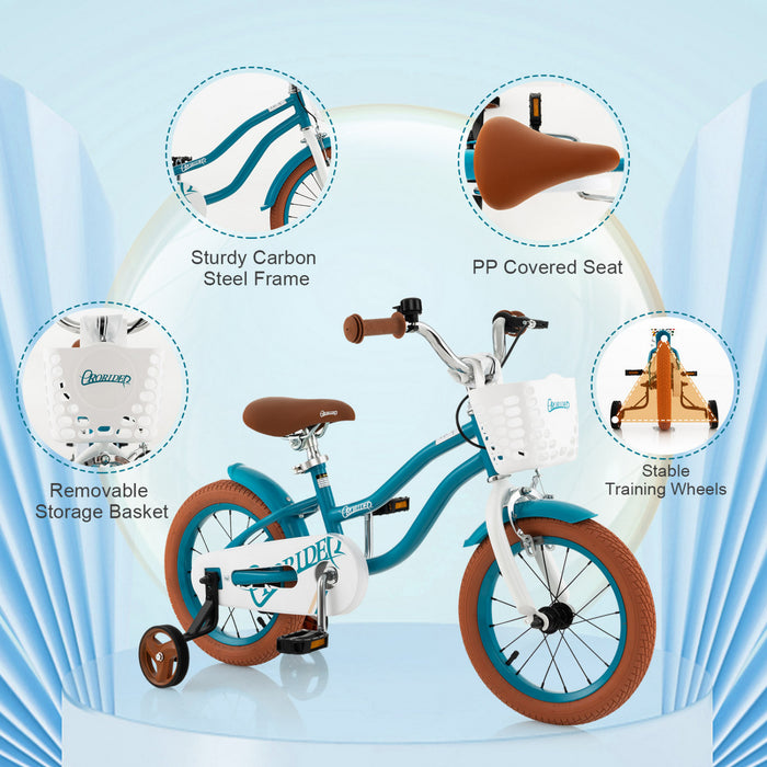 Costway 14\" Kid's Bike With Removable Training Wheels & Basket For 3-5 Years Old Blue