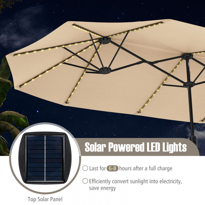 Costway 15.5 FT Extra-Large Patio Umbrella with LED Solar Lights & 12 Heavy-Duty Ribs Beige