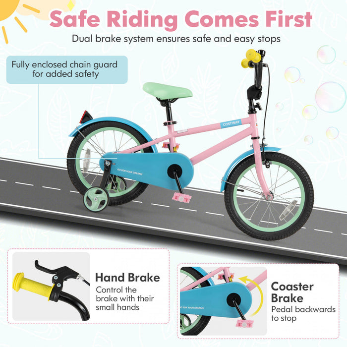 Costway 16\" Kids Bike With Adjustable Saddle Handlebar Removable Training Wheels Handbrake Pink