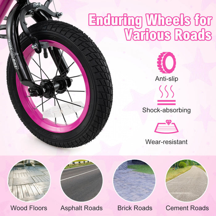Costway 14\" Kid's Bike With Training Wheels Adjustable Handlebar & Seat Handbrake Pink