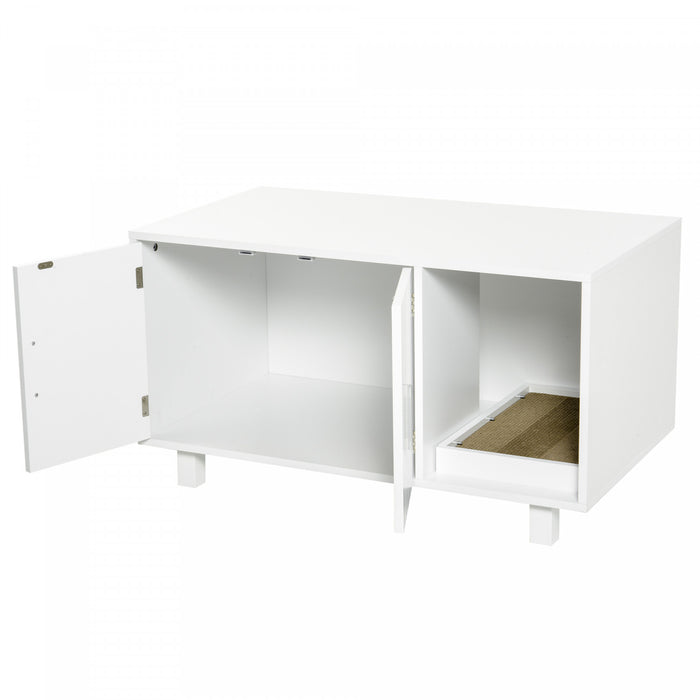 Pawhut Wooden Cat Washroom Pet Litter Box Enclosure Kitten House Nightstand End Table With Scratcher Magnetic Doors White