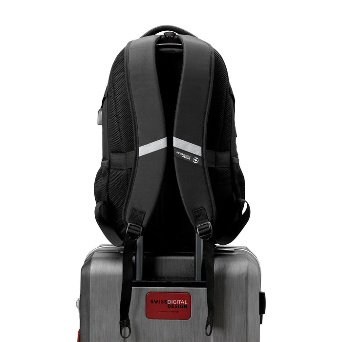 Swissdigital Meilen School Backpack – 17\" Laptop Bag, USB Charging, SDD Finder, RFID Protection, Add-A-Bag System, Travel-Ready